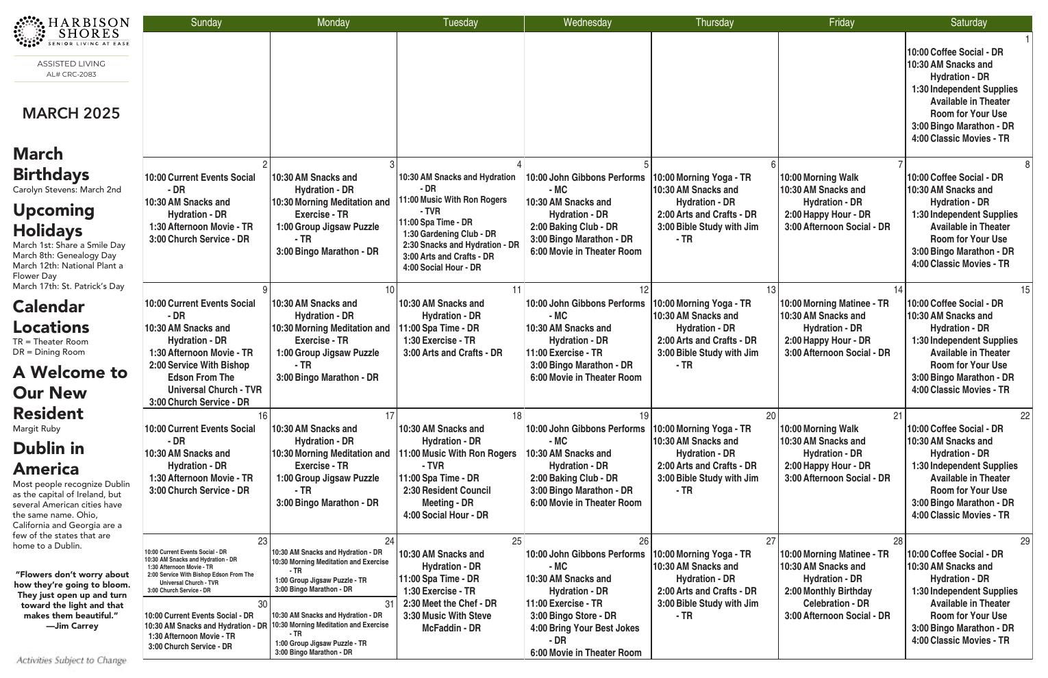 Assisted Living Event Calendar