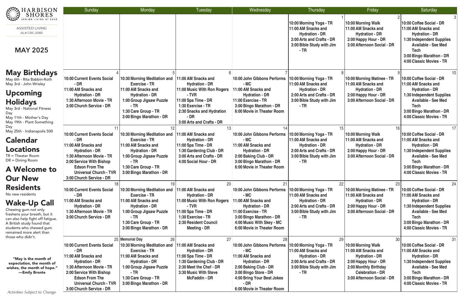 Assisted Living Event Calendar
