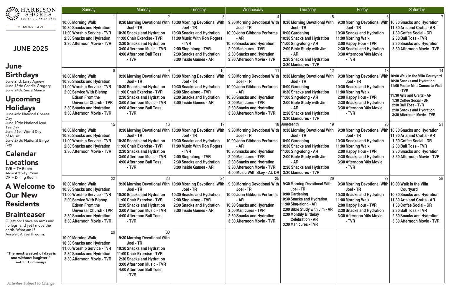 Memory Care Event Calendar