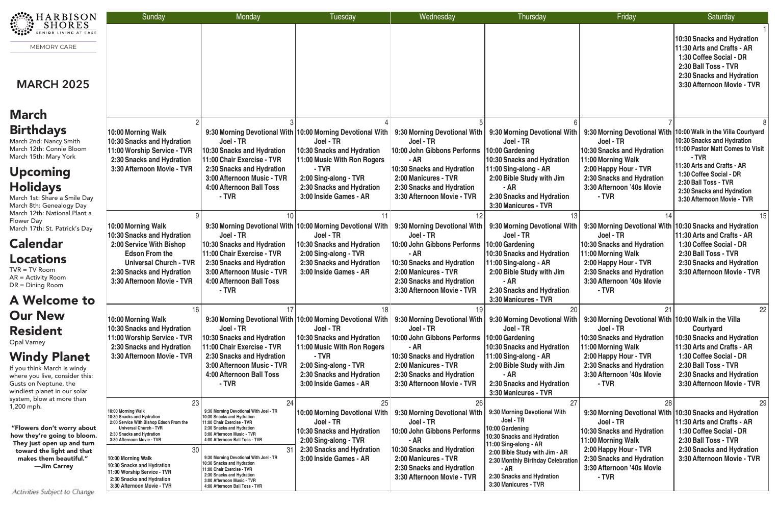 Memory Care Event Calendar