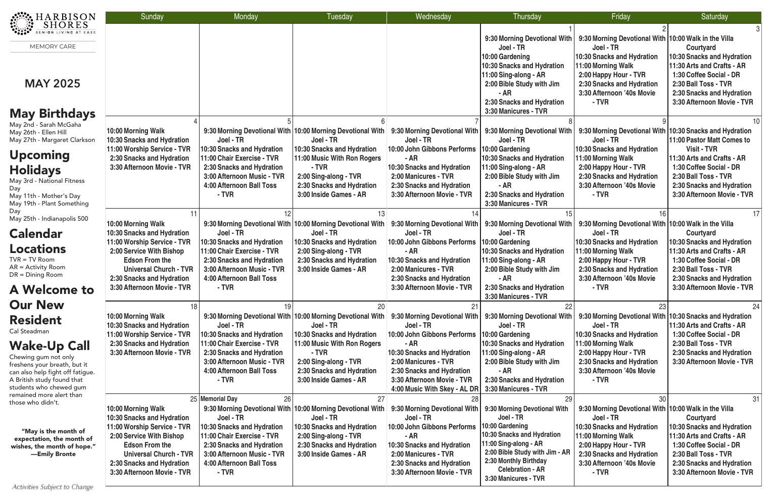 Memory Care Event Calendar