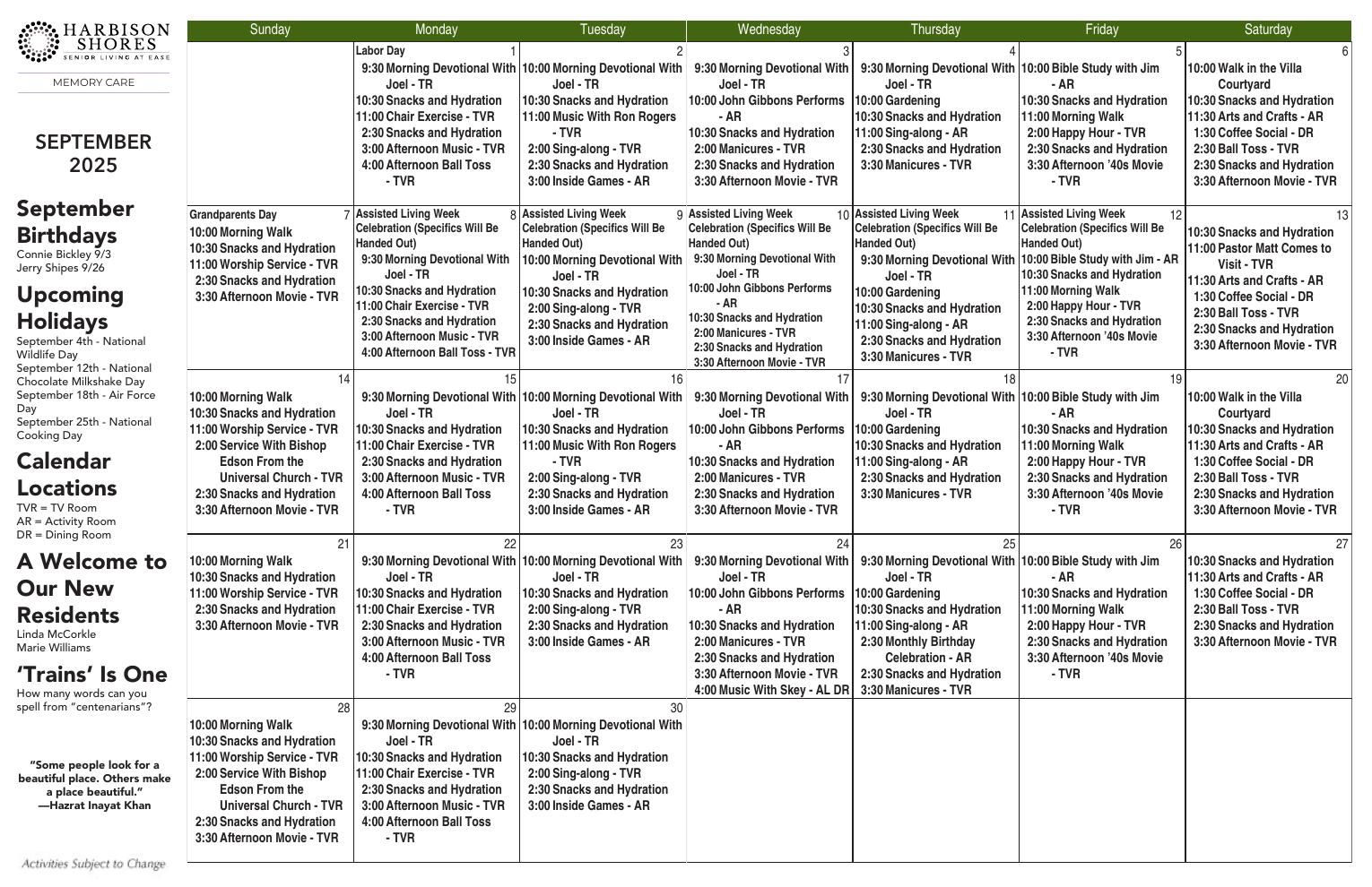 Memory Care Event Calendar