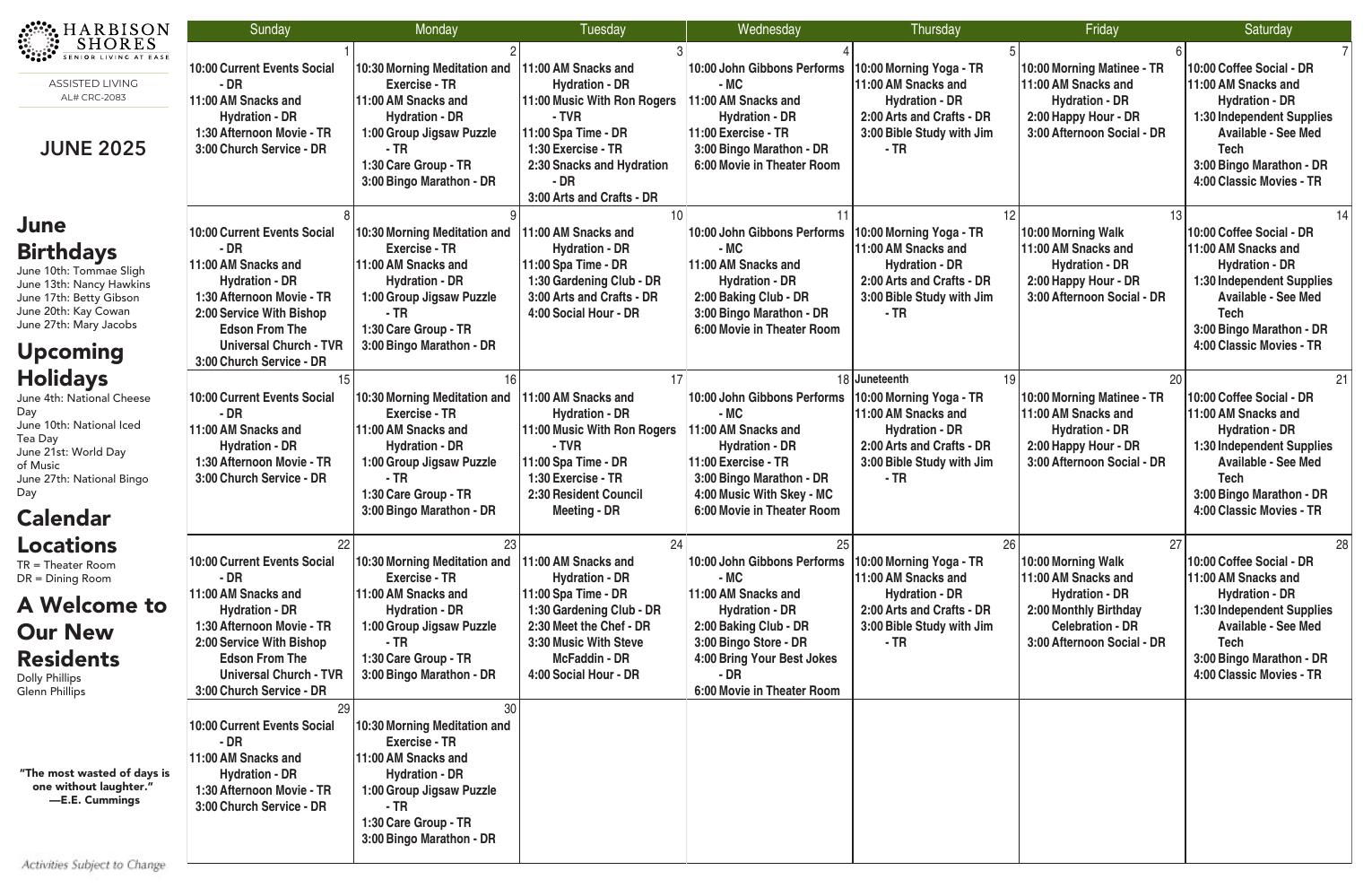Assisted Living Event Calendar