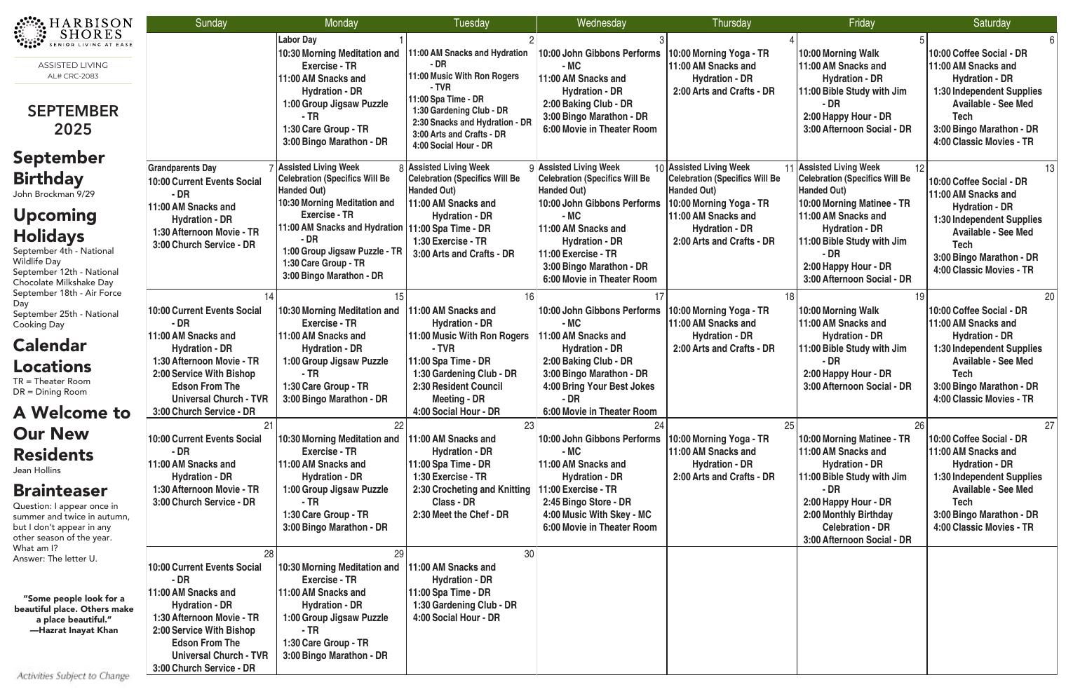 Assisted Living Event Calendar