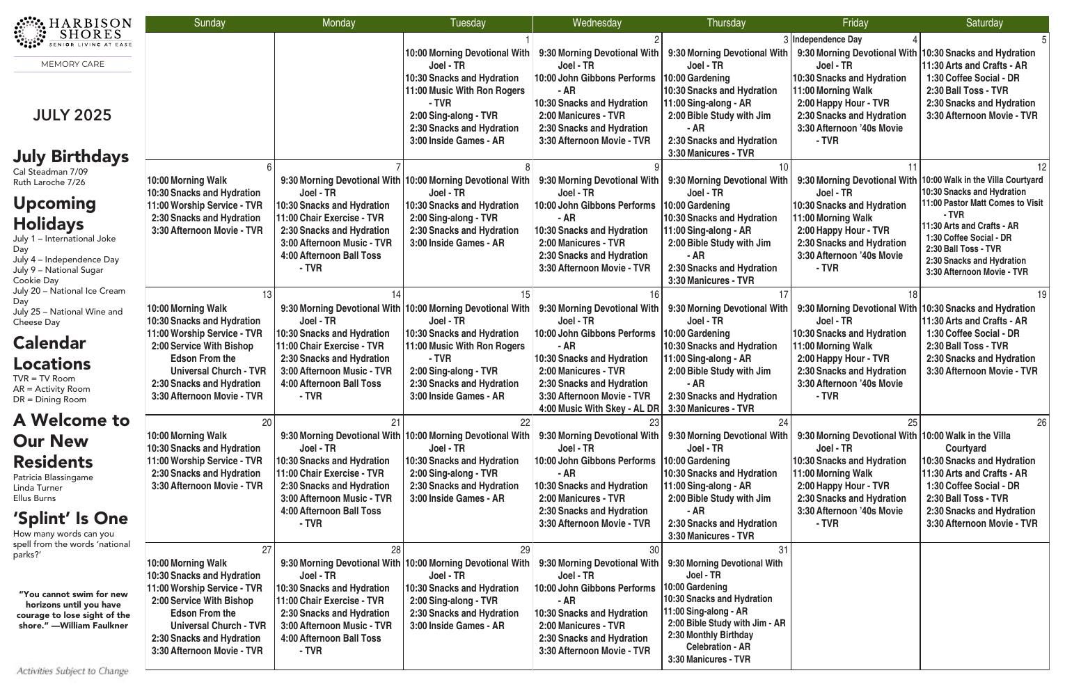 Memory Care Event Calendar