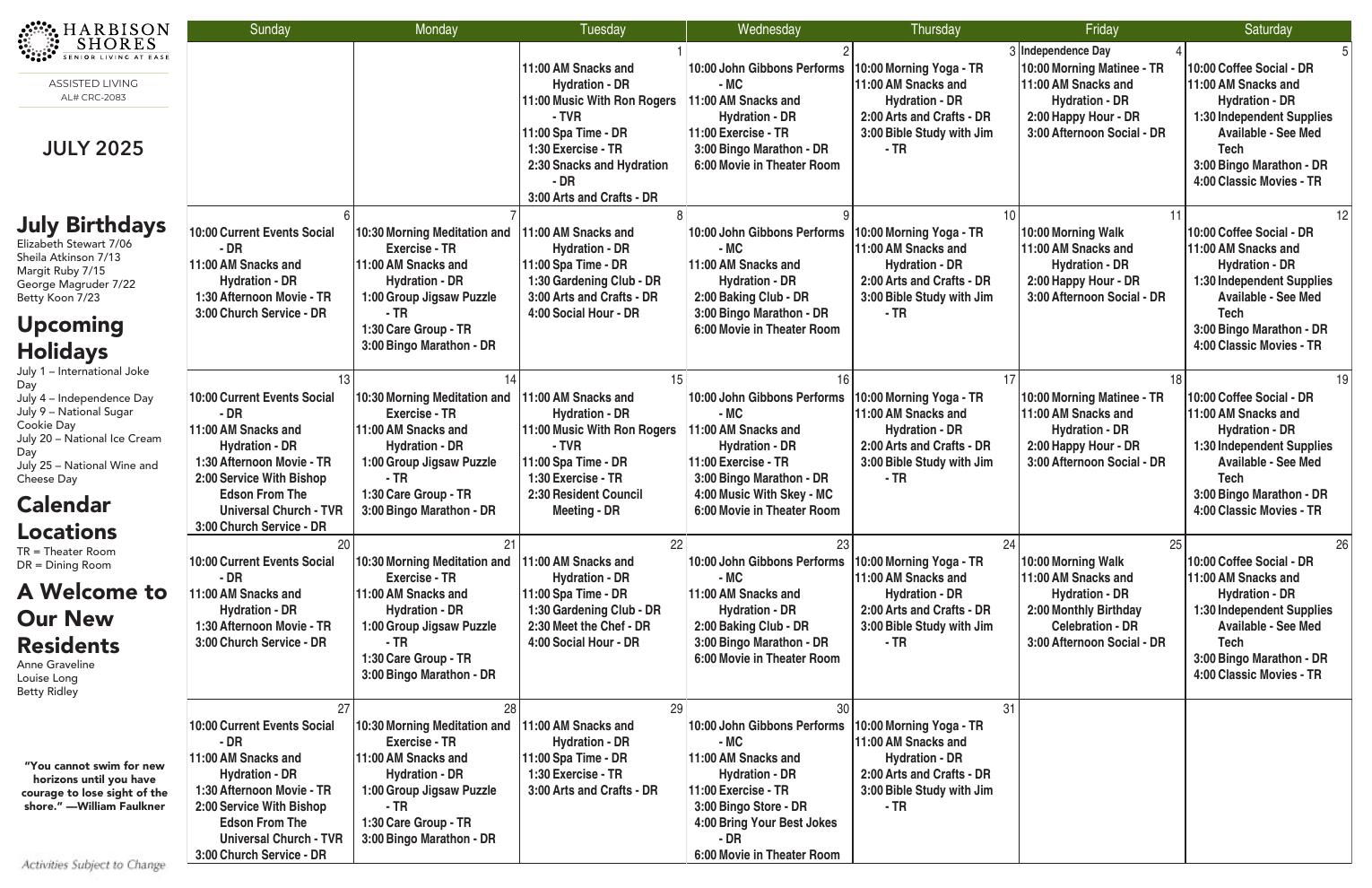 Assisted Living Event Calendar